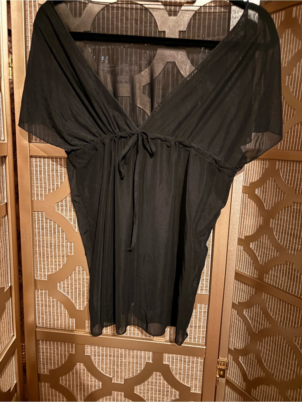 Source Unknown Black Sheer Swim Coverup Tunic with Tie Front